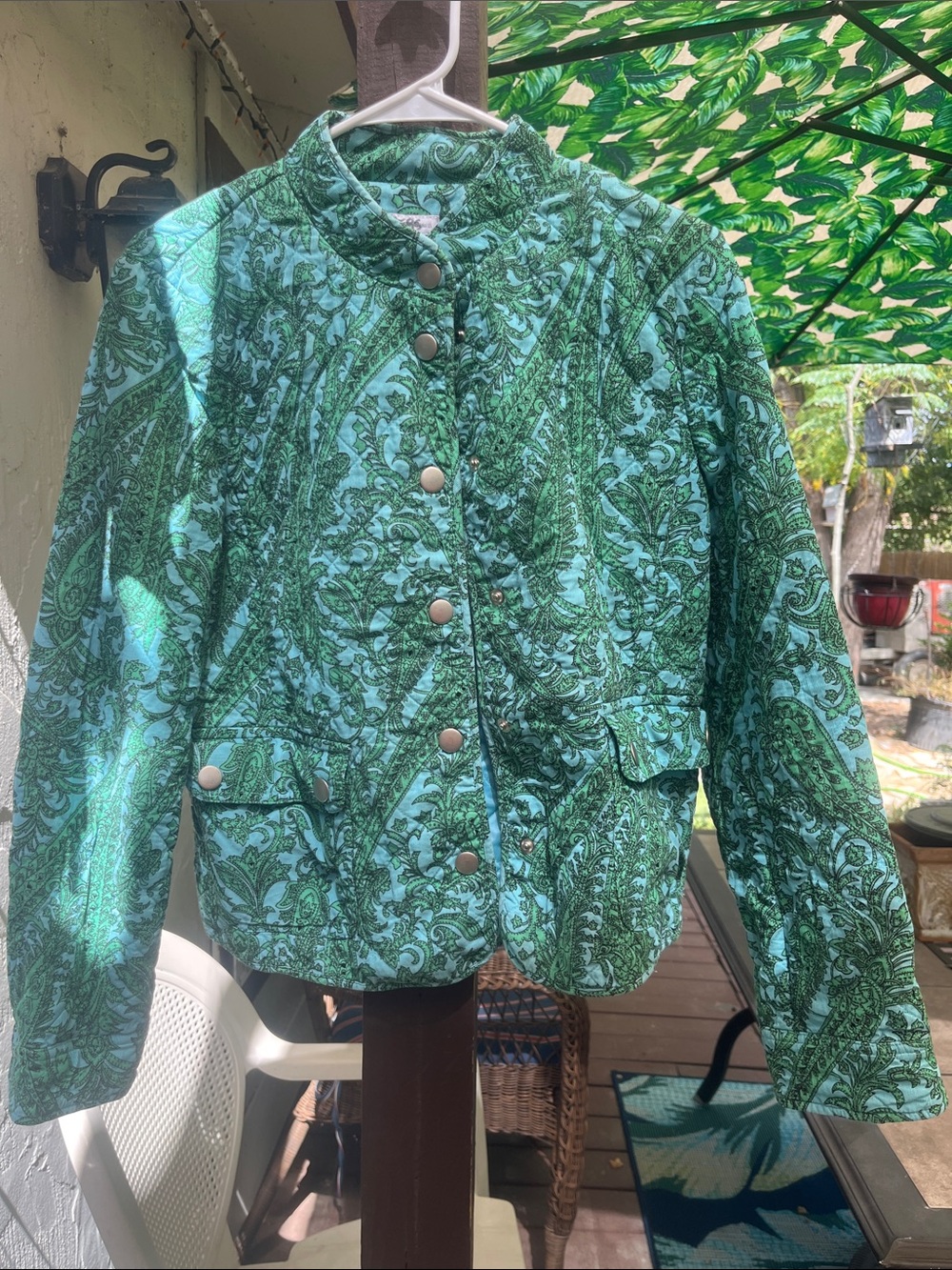 Charter Club Quilted Corduroy Snap Jacket buttons Blue/Green Paisley 21” p2p M
